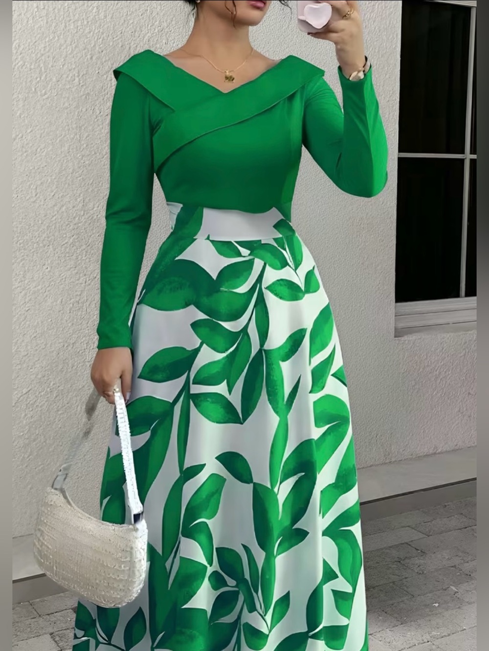 Women’s Green Leaf Print Maxi Dress V-Neck Long Sleeve Size XL
